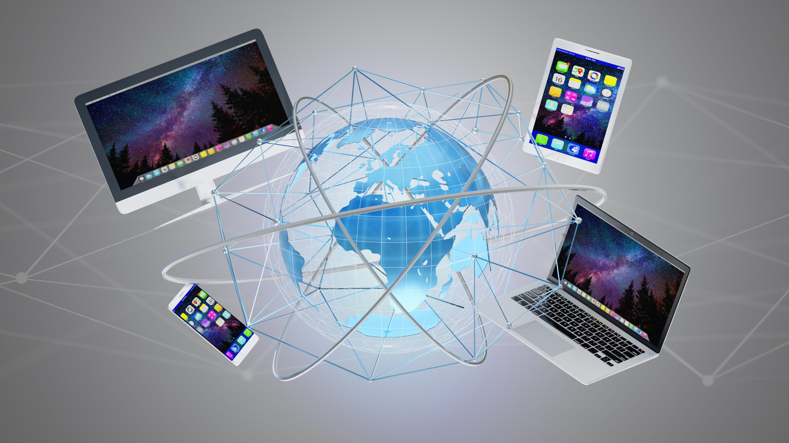 View of a Computer and devices displayed on a futuristic interface with international network  - 3d render